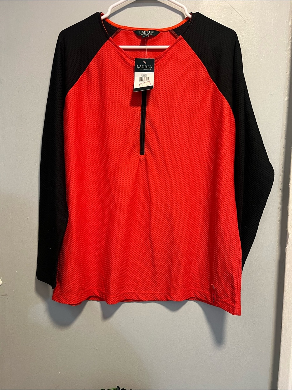 NWT Women's Ralph Lauren Active 1/4 Zip Shirt Athletic Textured Red Black 1X